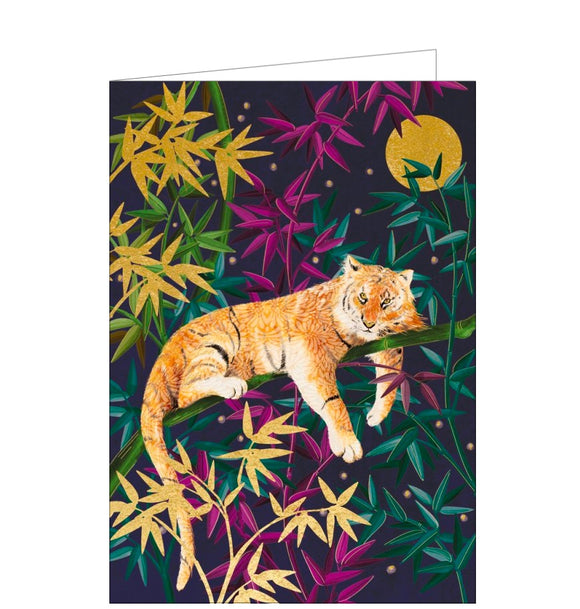 This stunning birthday card is decorated with a vivid tiger resting on a bamboo branch, with a moon behind him. Details on the tiger and bamboo are picked out in gold foil.