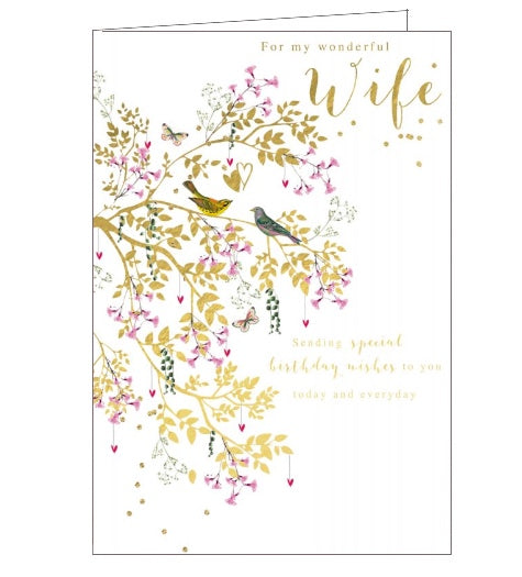 This lovely birthday card for a special wife is decorated with a pair of birds perched in a tree blooming with golden leaves and pink flowers. Gold text on the front of the card reads 
