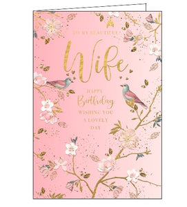 This beautiful birthday card for a special wife is decorated in a chinoiserie-style with pink and golden birds perched on golden branches blooming with delicate blossoms. Gold text on the front of the card reads "To my beautiful Wife...Happy Birthday, wishing you a lovely day".