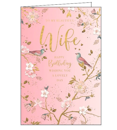 This beautiful birthday card for a special wife is decorated in a chinoiserie-style with pink and golden birds perched on golden branches blooming with delicate blossoms. Gold text on the front of the card reads 