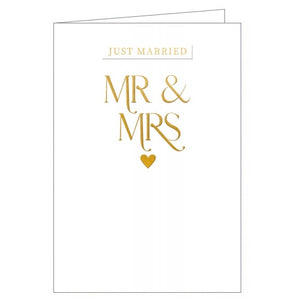 This elegant wedding day card is decorated with embossed gold script that reads "Just Married....Mr & Mrs", above a golden heart.