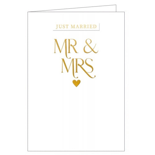 This elegant wedding day card is decorated with embossed gold script that reads 