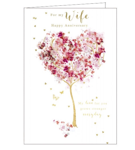 This lovely anniversary card for a special wife is decorated with a heart-shaped tree with pink flowers and golden branches. Gold text on the front of the card reads 