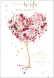 This lovely anniversary card for a special wife is decorated with a heart-shaped tree with pink flowers and golden branches. Gold text on the front of the card reads "For my Wife...Happy Anniversary...my love for you grows stronger every day".