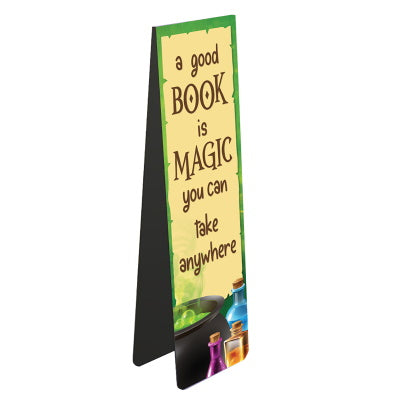 This magnetic book mark for is perfect for keeping your place in your spellbook. The book-mark is decorated with potion bottles and a bubbling cauldron. Text on the bookmark reads 
