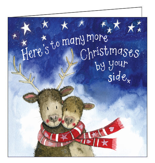 Alex Clark Christmas card showing two reindeer wearing the same scarf. The text on the card reads 
