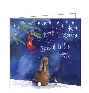 Part of Alex Clark's "Little Starlight" Christmas Collection, of smaller sized cards. This Christmas card is decorated with Alex's illustration of a rabbit and a robin looking up at a Christmas stocking hanging from a pine tree. The text on the front of the card reads "Merry Christmas to a Special Little Boy x". 