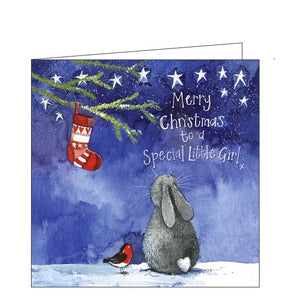 Part of Alex Clark's "Little Starlight" Christmas Collection, of smaller sized cards. This Christmas card is decorated with Alex's illustration of a rabbit and a robin looking up at a Christmas stocking hanging from a pine tree. The text on the front of the card reads "Merry Christmas to a Special Little Girl x". 