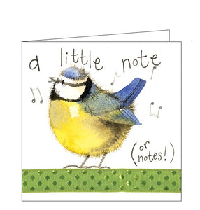 Part of Alex Clark's "Little Sparkles" mini greetings card collection, finished with glitter. A blue tit sings a little tune on the front of this mini card, while text reads "a little note... (or notes!)"