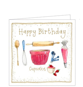 Part of Alex Clark's "Little Sunshine" collection, of smaller sized Birthday cards. This card features cute illustrations of all the equipment needed for home baking. Gold text on the front of the card reads "Happy Birthday Cupcake".