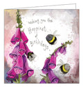Part of Alex Clark's "Sunshine" birthday card collection. This birthday card is decorated with Alex Clark's illustrations of smiling bumble bees buzzing around pink foxgloves. Look carefully and you might see a bee gathering nectar. Gold text on the front of the card reads "Wishing you the Happiest of Birthdays x".