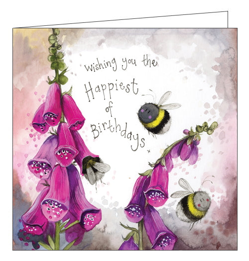 Part of Alex Clark's "Sunshine" birthday card collection. This birthday card is decorated with Alex Clark's illustrations of smiling bumble bees buzzing around pink foxgloves. Look carefully and you might see a bee gathering nectar. Gold text on the front of the card reads "Wishing you the Happiest of Birthdays x".