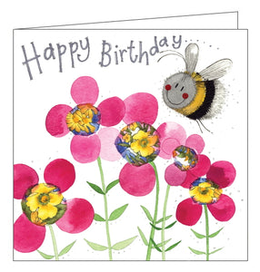 Part of Alex Clark's Sparkle birthday card collection, finished with a dusting of glitter. This birthday card shows a happy bee flying above pink and yellow flowers. The text on the front of the card reads "Happy Birthday..."