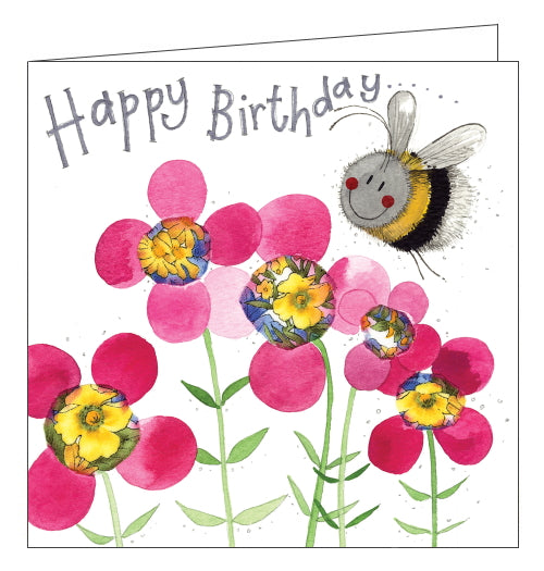 Part of Alex Clark's Sparkle birthday card collection, finished with a dusting of glitter. This birthday card shows a happy bee flying above pink and yellow flowers. The text on the front of the card reads 