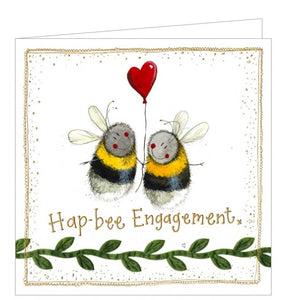 Part of Alex Clark's Sunshine greetings card collection, this cute engagement card has the words "Hap-bee engagement" and two very happy looking bees holding a red heart shaped balloon. 