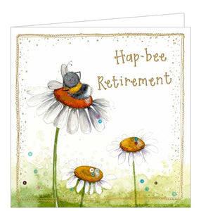 Part of Alex Clark's Sunshine greetings card collection. This retirement card features a very happy bee relaxing on a daisy flower. Gold text on the front of the card reads "Hap-bee Retirement".