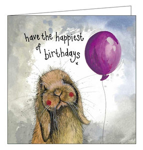 Featuring detail from an artwork by Alex Clark this Birthday card is decorated with a cute brown bunny rabbit holding a purple balloon. The text on the front of the card reads "have the happiest of birthdays x".