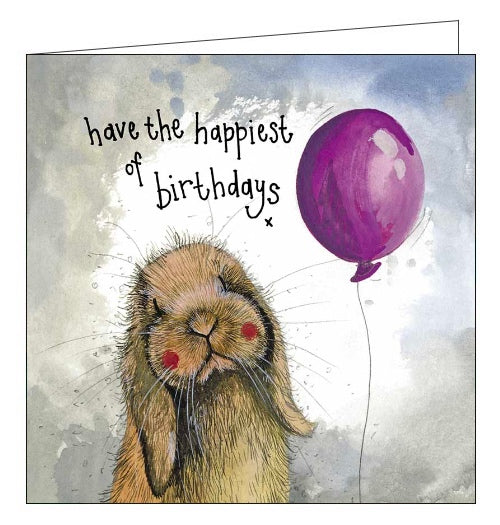 Featuring detail from an artwork by Alex Clark this Birthday card is decorated with a cute brown bunny rabbit holding a purple balloon. The text on the front of the card reads 
