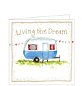 Part of Alex Clark's Little Sunshine collection, of smaller sized greetings cards. This card features lovely illustration of a small blue and white caravan with red curtains. Gold text on the front of the card reads "Living the dream".