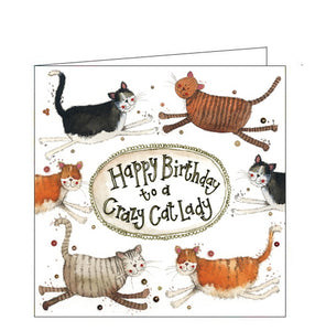 Part of Alex Clark's "Little Sparkle" Collection, of smaller sized Birthday cards. Each card is finished with a dusting of glitter. This birthdya card is decorated with leaping grey, black and tabby cats. Text at the centre of the image reads "Happy Birthday to a Crazy Cat Lady".