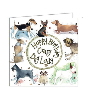 Part of Alex Clark's "Little Sparkles" birthday card collection, finished with a dusting of glitter. All kinds of dogs - westies, dachshunds, pugs and more are smiling on the front of this birthday card. Text in the centre of the image reads "Happy Birthday crazy dog lady".