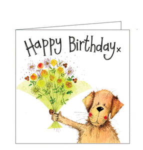 Part of Alex Clark's "Little Sparkle" Collection, of smaller sized Birthday cards. Each card is finished with a dusting of glitter. This card features a yellow dog holding out a green bouquet of flowers. The text on the front of the card reads "Happy Birthday x"
