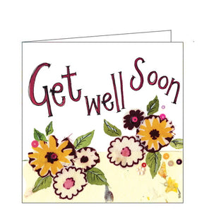 Part of Alex Clark's "Little Sparkle" Collection, of smaller sized cards. This get well card is decorated with purple and yellow mixed media flowers. Text above the flowers reads "Get well soon".   