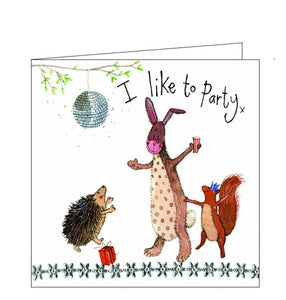 Part of Alex Clark's "Little Sparkles" mini greetings card collection, finished with glitter. A rabbit, a hedgehog and a squirrel dance under a glitterball hung from a tree branch on the front of this card. The text on the card reads "I like to Party x"