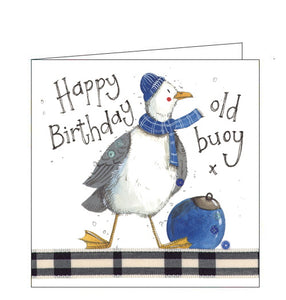 Part of Alex Clark's "Little Seaside Sparkle" mini greetings card collection, finished with a dusting of glitter. This birthday card is decorated with a seagull in a hat and scarf standing next to a buoy. Text on the front of the card reads "Happy Birthday old buoy"