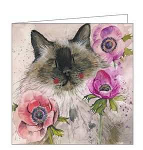 This blank card features detail from an original artwork by Alex Clark showing a cat surrounded by pink and purple anemone flowers.