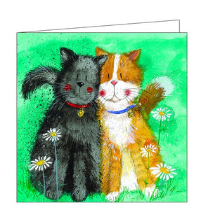 This blank card features detail from an original artwork by Alex Clark showing two cats - one tabby and one black - leaning against each other, in a field of daisies.