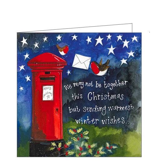 Part of Alex Clark's Christmas card collection. This petite Christmas card is decorated with Alex's painting of a robin posting a Christmas card in a red postbox. Silver text on the front of the card reads 
