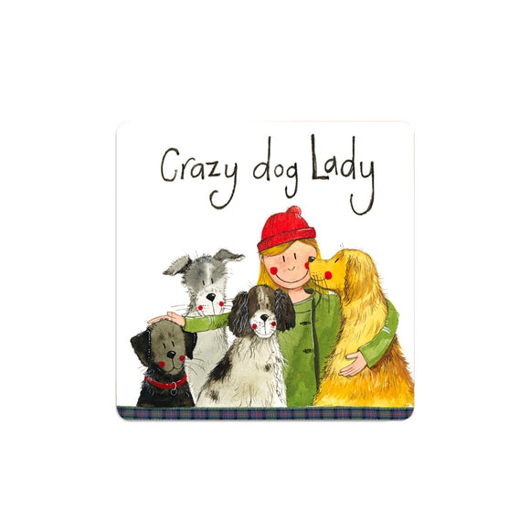 This adorable coaster is decorated with Alex Clark's very popular illustration of a smiling woman, wearing a red bobble hat, surrounded by dogs. Text on the coaster reads 