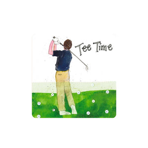 This useful coaster is decorated with Alex Clark's illustration of a man on a golfing green, surrounded by stray golf balls, with his golf club raised after swing. The text on the coaster reads "Tee Time".