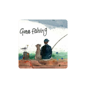 This fun and useful coaster is decorated with Alex Clark's illustration of an angler sitting on the side of a jetty, with their dog for company. The text on the coaster reads "Gone Fishing".