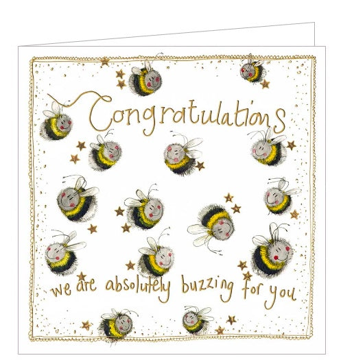 Part of Alex Clark's Sunshine greetings card collection this congratulations card is decorated with a swarm of very happy bees. Gold text say 