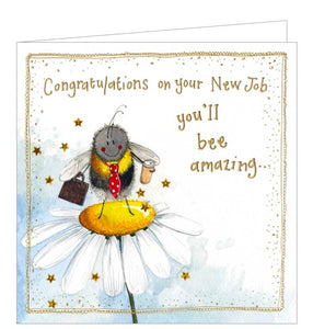 Part of Alex Clark's Sunshine greetings card collection this new job card features a very happy bee setting off for work - complete with coffee cup and briefcase. Gold text on the front of the card reads "Congratulations on your New Job...you'll BEE amazing". 