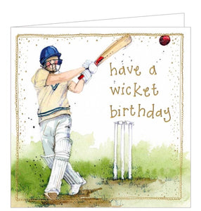 Part of Alex Clark's Sunshine greetings card collection, this birthday card is decorated with Alex Clark's illustration of a person, dressed in cricket whites, standing in front of the wicket as a cricket ball sails through the air. Gold text on the front of the card reads “Have a wicket birthday".