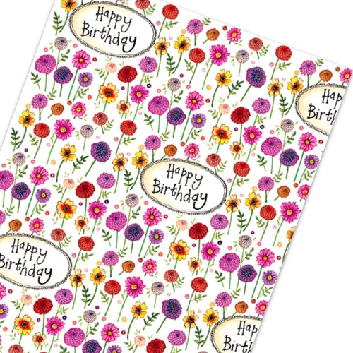 This Alex Clark wrapping paper features a repeating design of red, pink, purple and yellow dahlia flowers, surrounding text that reads 