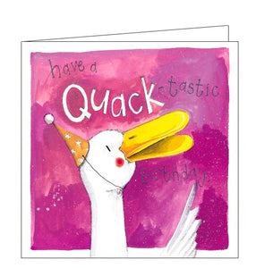 This Birthday card features Dillard the duck wearing a yellow party hat. The text on the front of the card reads "Have a Quack-tastic Birthday."
