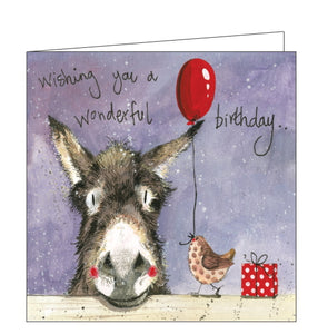 This birthday card features artwork by Alex Clark of a donkey resting its head on a fence. A bird walks along the fence to the donkey, carrying a balloon in its beak. Text on the front of this birthday card reads "Wishing you a wonderful birthday".   