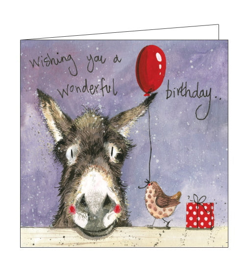 This birthday card features artwork by Alex Clark of a donkey resting its head on a fence. A bird walks along the fence to the donkey, carrying a balloon in its beak. Text on the front of this birthday card reads 