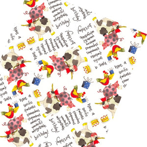 This Alex Clark wrapping paper features a repeating design of a cow, a pig and a chicken standing on each others backs. Text on the wrap reads "Have a terrific, fantastic, tremendous, stupendous, amazing, wonderful, unforgettable birthday!"