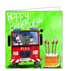 This birthday card features artwork by Alex Clark showing a sheep and a cow in the front seats of a big red fire engine with a number plate that reads "Party 1". Text on the front of this birthday card reads "Happy Birthday".