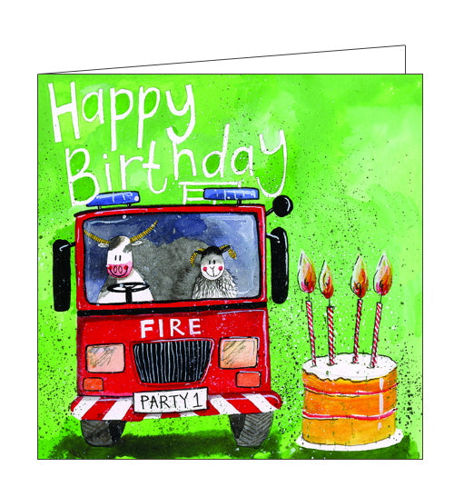 This birthday card features artwork by Alex Clark showing a sheep and a cow in the front seats of a big red fire engine with a number plate that reads 