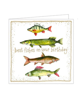 Perfect for fishermen and anglers, this petite birthday card from Alex Clark features cute illustration of 4 types of fish. Gold text on the front of the card reads "Best fishes on your birthday".