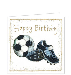 Part of Alex Clark's "Little Sunshine" Collection, of smaller sized Birthday cards. This cardis decorated with an illustration of a pair of football boots beside a football.  Gold text on the front of the card reads "Happy Birthday" and the card is finished with a gold border.