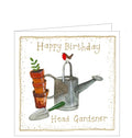 Part of Alex Clark's "Little Sunshine" collection, of smaller sized Birthday cards. This card features cute illustrations of a watering can, plant pots and a cheeky robin. Gold text on the front of the card reads "Happy Birthday Head Gardener".