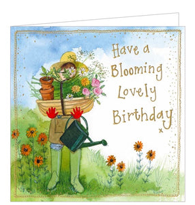 Part of Alex Clark's "Sunshine" card collection, this Birthday card is decorated with an illustration of a gardener hidden behind a trug piled high with colourful flowers. Gold text on the front of the card reads "Have a Blooming Lovely Birthday x".