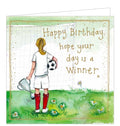 Part of Alex Clark's Sunshine greetings card collection, this birthday card is decorated with Alex Clark's illustration of a female football player -at last!- with a ball and a trophy. Gold text on the front of the card reads "Happy Birthday!...Hope your day is a winner“.